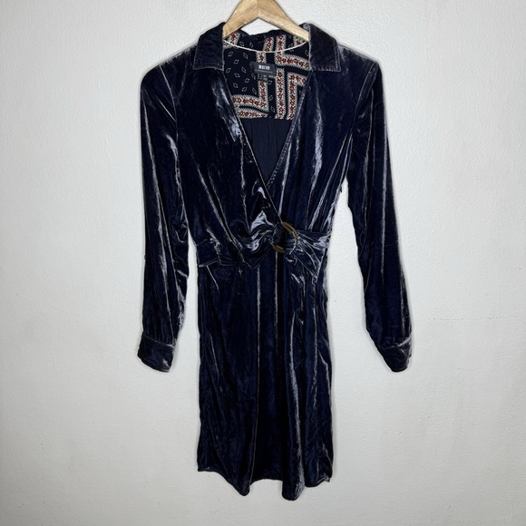 Anthropologie Dresses & Skirts - Maeve Anthropologie Blue Velvet Faux Wrap Dress D Ring‎ Womens 0 Long Sleeve
